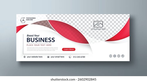 Red corporate web banner mockup, a social media template for branding and a cover header background