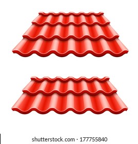 Red corrugated tile element of roof. Eps10 vector illustration. Isolated on white background