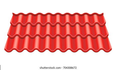 Red Corrugated Tile Vector. Element Of Roof. Ceramic Tiles. Fragment Of Roof Illustration.

