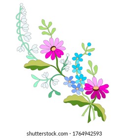 Red cosmea,white lilies of the valley,blue forget-me-nots,isolated objects on a white background,separate elements vector flowers,leaves,hand-drawn set,pattern for embroidering,postcard printing