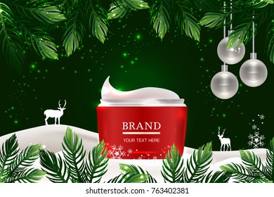 Red cosmetic container with advertising background ready to use, holiday concept skin care ad design. Illustration vector.	