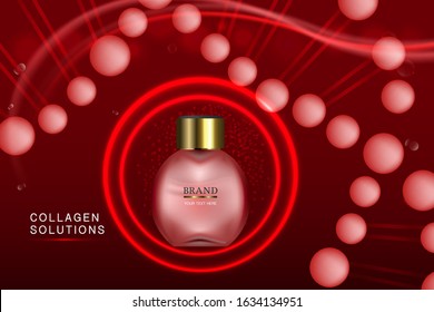Red cosmetic container with collagen solution advertising background ready to use, luxury skin care banner, illustration vector.	