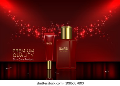 Red cosmetic containers with advertising background ready to use, luxury skin care ad, illustration 3d vector.