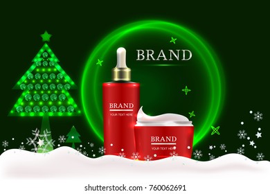 Red cosmetic containers with advertising background ready to use, holiday concept skin care ad design. Illustration vector.