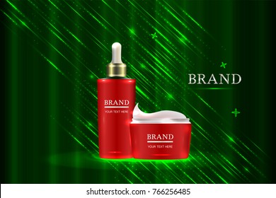 Red cosmetic containers with advertising background ready to use, holiday lights skin care ad design. Illustration vector.
