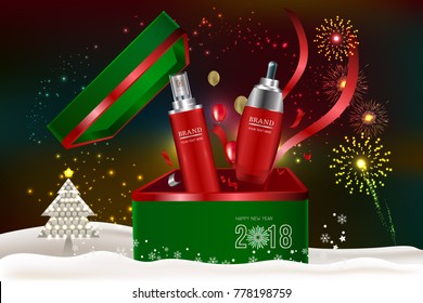 Red cosmetic containers in open gift box with advertising background ready to use, holiday concept skincare ad. Illustration vector.
