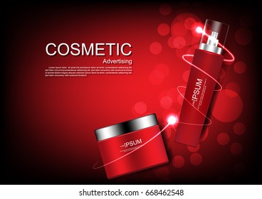 Red cosmetic product with red bokeh and spiral light on dark background