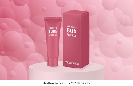 Red cosmetic tube and box on a podium. Realistic mockup. Ointment or salve. Gel serum. Korean packaging. Blank cardboard package	