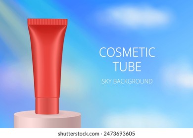 Red cosmetic tube on a podium. Realistic mockup. Ointment or salve. Gel serum. Korean packaging. Sky, clouds, rays of light and rainbow