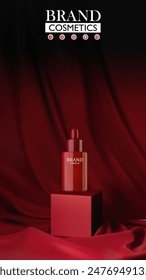 Red cosmetics bottles with red podium and silk waves on background.Vector mockup of cosmetic and beauty product ad banner. 3d display stand, round stage or pedestal with realistic cosmetic containers