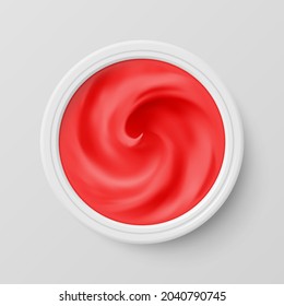 Red Cosmetics Cream in Package Container Top View. Cosmetic Product for Care to Skin Face. Applicable for Dairy, or Packaging Design