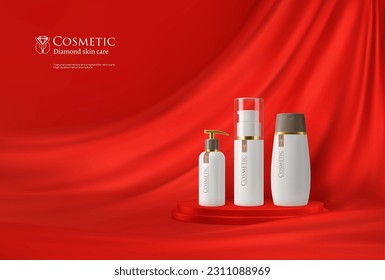 Podio de cosméticos rojos con botellas y ondas de seda sobre el fondo. Parodia vectorial de productos cosméticos y de belleza y pancarta. Soporte de visualización 3d, etapa redonda o pedestal con contenedores cosméticos realistas