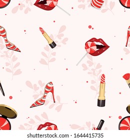 
red cosmetics and shoes with striped lips with a lollipop in the background pink branches