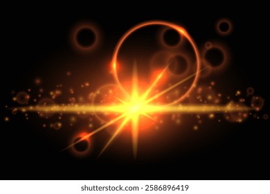 Red cosmic light glowing effect Sun flare. Glow effect. Starbursts with shimmering highlights. Beautiful shimmering highlights light effect. Vector illustration.