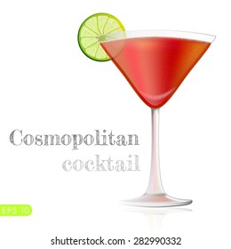Red Cosmopolitan Cocktail served with a slice of a lime, isolated on a white background. Vector collection bar menu