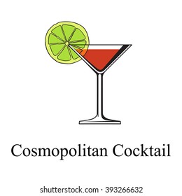 Red Cosmopolitan Cocktail served with a slice of a lime, isolated on a white background