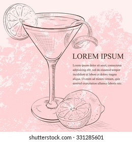 Red Cosmopolitan sketch Cocktail served with a slice of a lime, low-alcohol drink