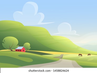 Red cottage and grazing horses on sides of countryside road against green hills and cloudy blue sky. Cartoon landscape vector illustration.