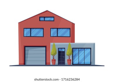 Red Cottage House Facade, City or Country Street Building, Modern Residential House Real Estate Flat Vector Illustration