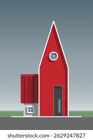 Casa de cabana vermelha. Exterior de casa tradicional simples em estilo mínimo. Conceito de projeto esquemático de arquitetura. Ilustração vetorial.