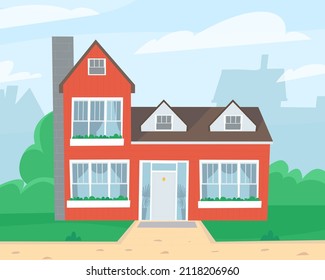 Red cottage with a large chimney. Big windows. Suburban village. Flat vector illustration