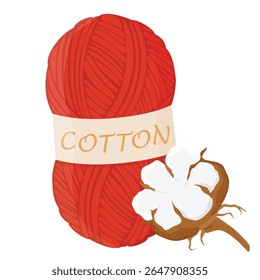 Red cotton yarn ball, skein and fluffy blooming flower of white cotton isolated on white background. Knitting hobby. Vector illustration