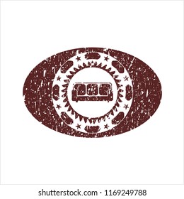 Red couch icon inside distressed grunge stamp