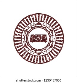 Red couch icon inside rubber seal with grunge texture