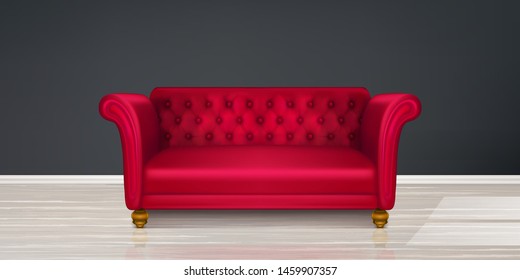 Red couch, sofa on black wall and light wood floor background. Classic design furniture of leather, fabric buttoned quilted upholstery, modern dwelling interior design Realistic 3d vector illustration