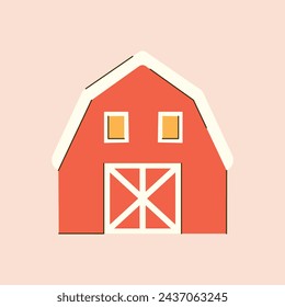 Red country barn in flat style with line details. Cartoon farmhouse exterior. Countryside warehouse. Vector graphic