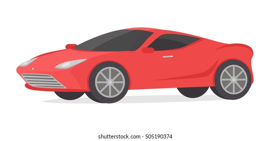 Red Coupe Car Isolated On White. Modern Detailed Car In Flat Style Design. Sport Luxury Automobile Illustration. Sportscar Two Seater, Two Door Auto Designed For Spirited Performance. Vector