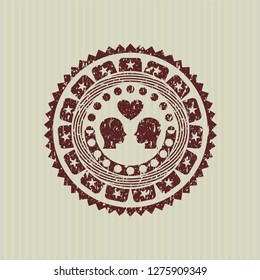 Red couple in love icon inside distress rubber seal with grunge texture