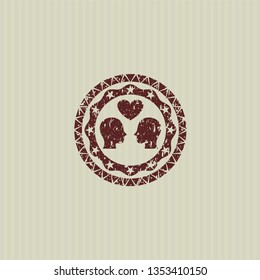 Red couple in love icon inside distress rubber grunge texture seal