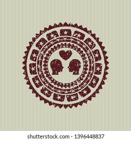 Red couple in love icon inside distressed rubber grunge stamp