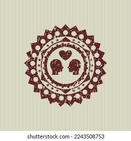 Red couple in love icon inside distress rubber stamp with grunge texture. 