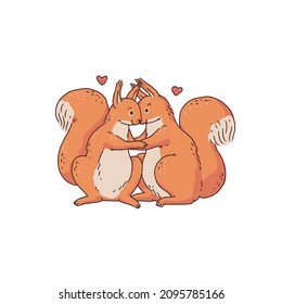 Red couple loving squirrels with hearts. Cartoon outline sketch illustration of cute animal character.