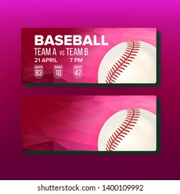 Red Coupon For Visit Baseball Game Template Vector. White Playing Ball, Bar Code And Information Of Gate, Raw And Seat On Bright Ticket For See Baseball Competition. Realistic 3d Illustration