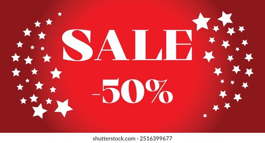 Red coupon with white letters, numbers and stars for sale -50%