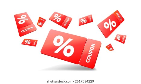 Red coupons with percentage fly away on white background. Vector illustration - Powered by Shutterstock - Get 15% off with code: PIKWIZARD15
