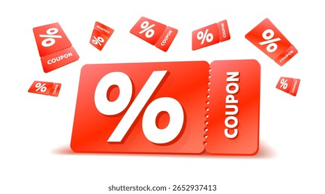 Red coupons with percentage fly away on white background. Vector illustration