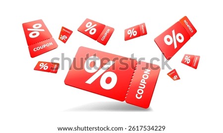 Red coupons with percentage fly away on white background. Vector illustration