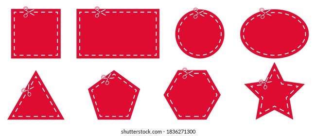 Red coupons with scissors set. Discount banner with dashed line. Square and round christmas card. Isolated voucher mockup on white background. Coupons with cutting scissors. EPS 10