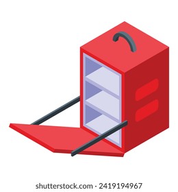 Red courier parcel backpack icon isometric vector. Rider home. Trade carton