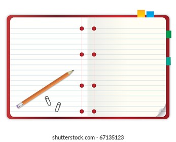 red cover blank notebook with grid line paper open two pages with pencil and stationary vector illustration