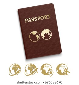 Red cover passport and travel and navigation icons. Vector illustration