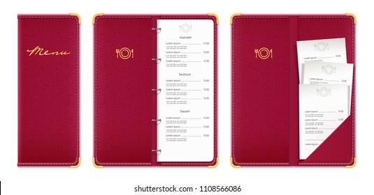 Red covered menu book with check. Concept design for restaurant equipment. Isolated white background. EPS10 vector illustration.