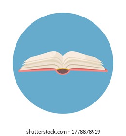 Red covered opened book  with pages fluttering icon on blue background. Vector flat illustration. Design for education or reading concept.