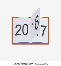 Red covered opened book with pages fluttering. Numbers with figures of next year. Calendar concept. Isolated on white background. Flat vector stock illustration