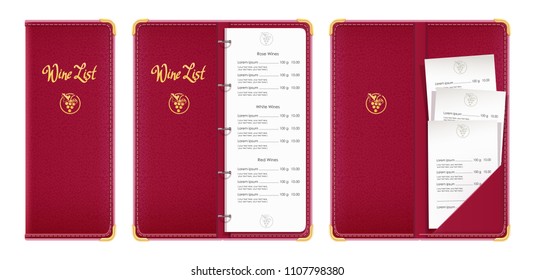 Red Covered Wine List. Bar Menu Book With Check. Concept Design For Restaurant Equipment. Isolated White Background. EPS10 Vector Illustration.