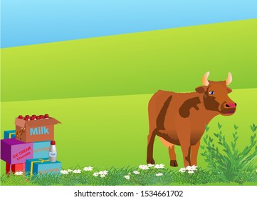 Red cow in the field near to boxes full with butter and milk bottles. Vector illustration in realistic style. 